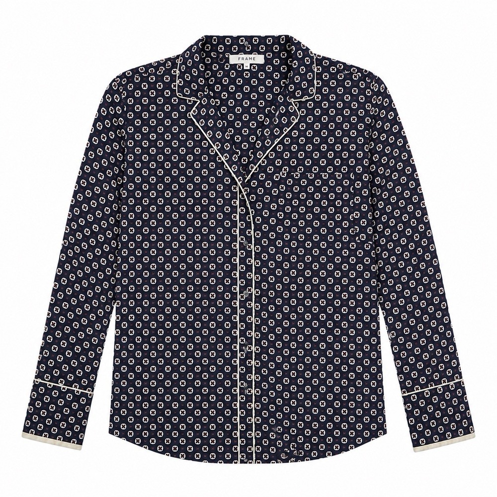 FRAME Silk Pajama Shirt Women's M Navy Multi Print Button Front Top